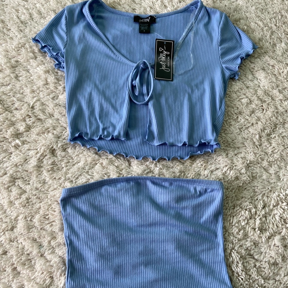 NWT 2 piece blue tube top cardigan set